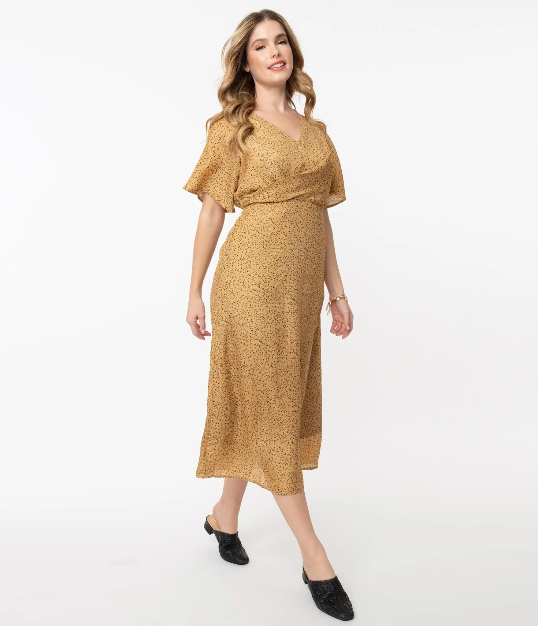 1940s Tan Black Spotted Midi Dress