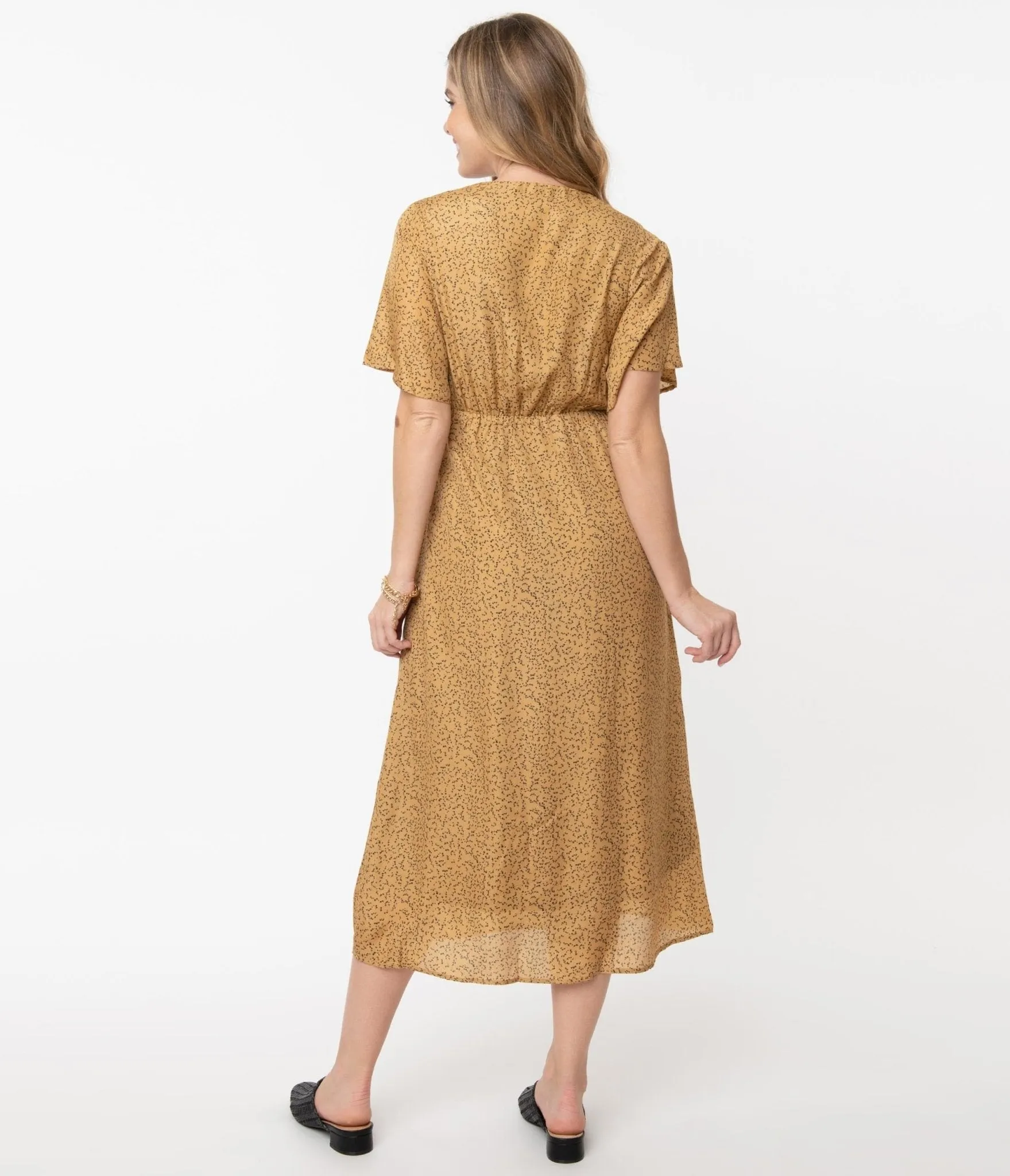 1940s Tan Black Spotted Midi Dress