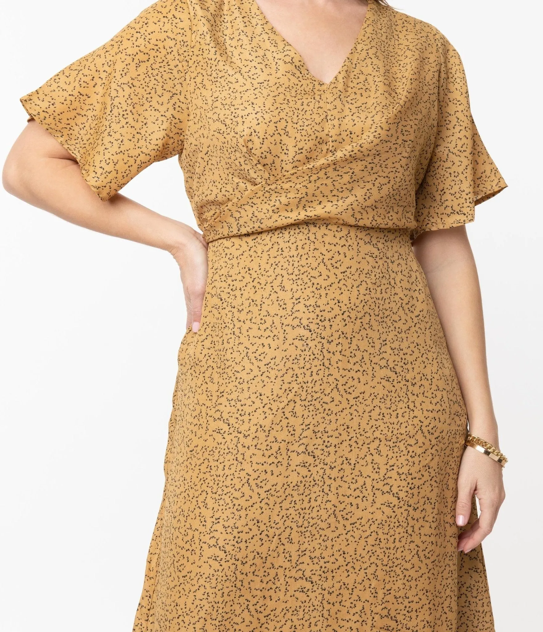 1940s Tan Black Spotted Midi Dress