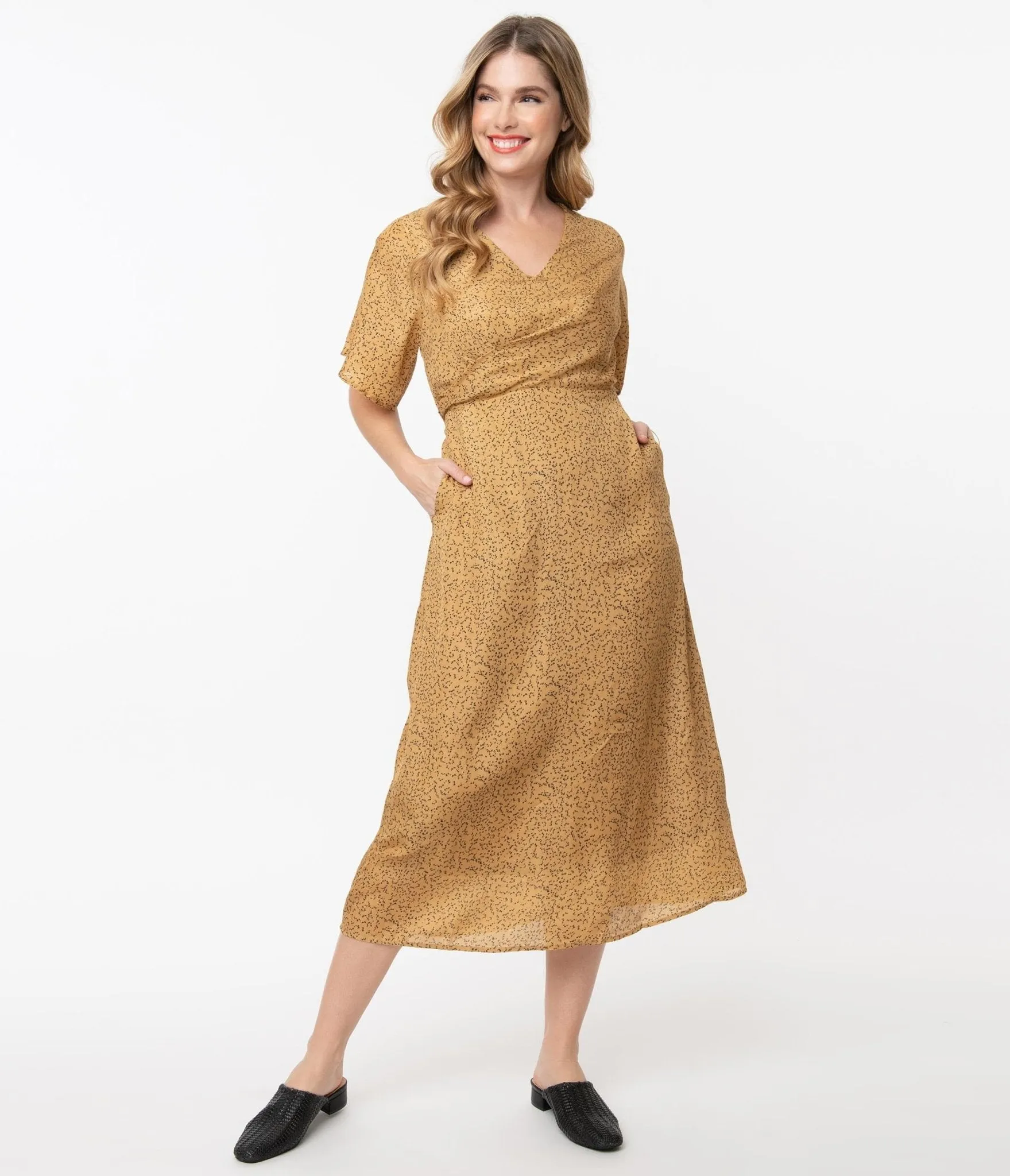 1940s Tan Black Spotted Midi Dress