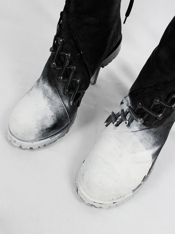 A.F. Vandevorst white spraypainted stiletto combat boots Fall 2015 performance.