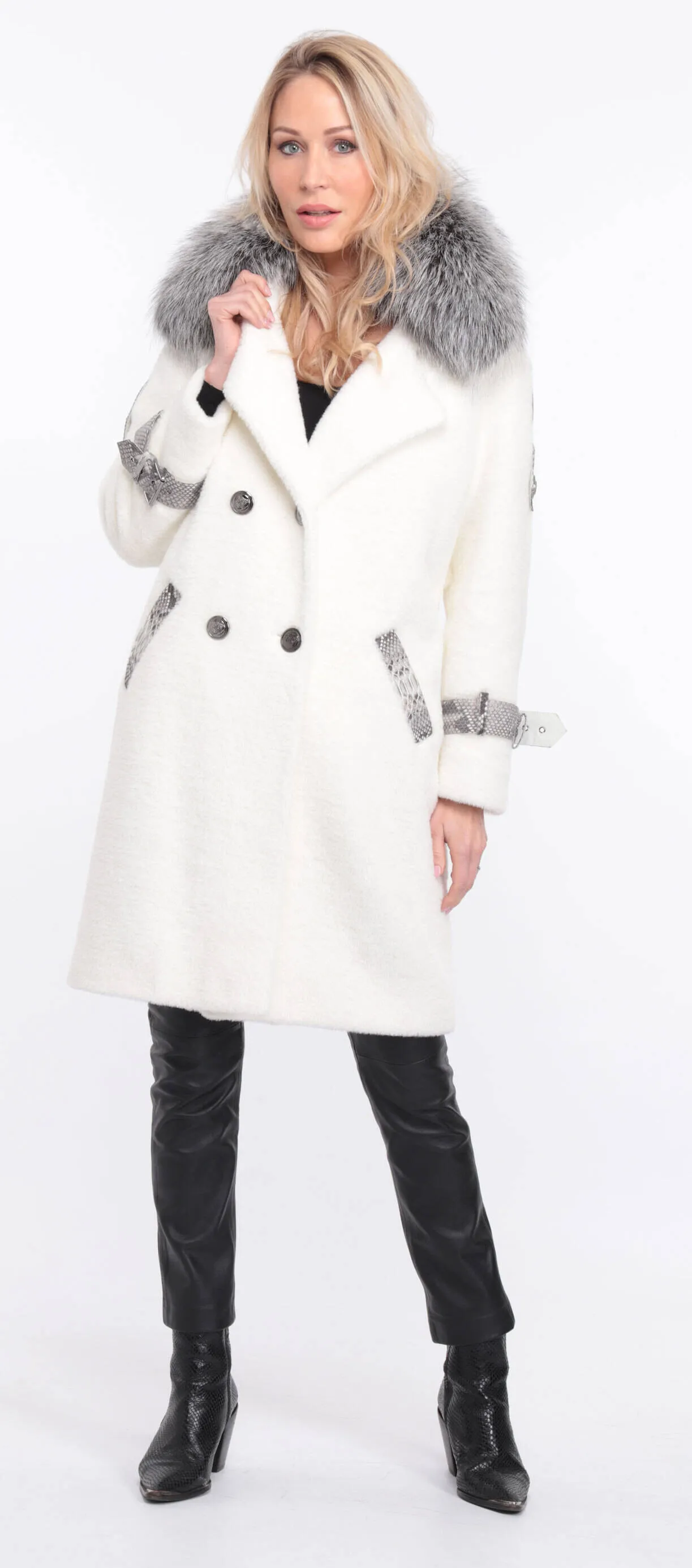 Alcantara coat with amber fox collar - Shop now.