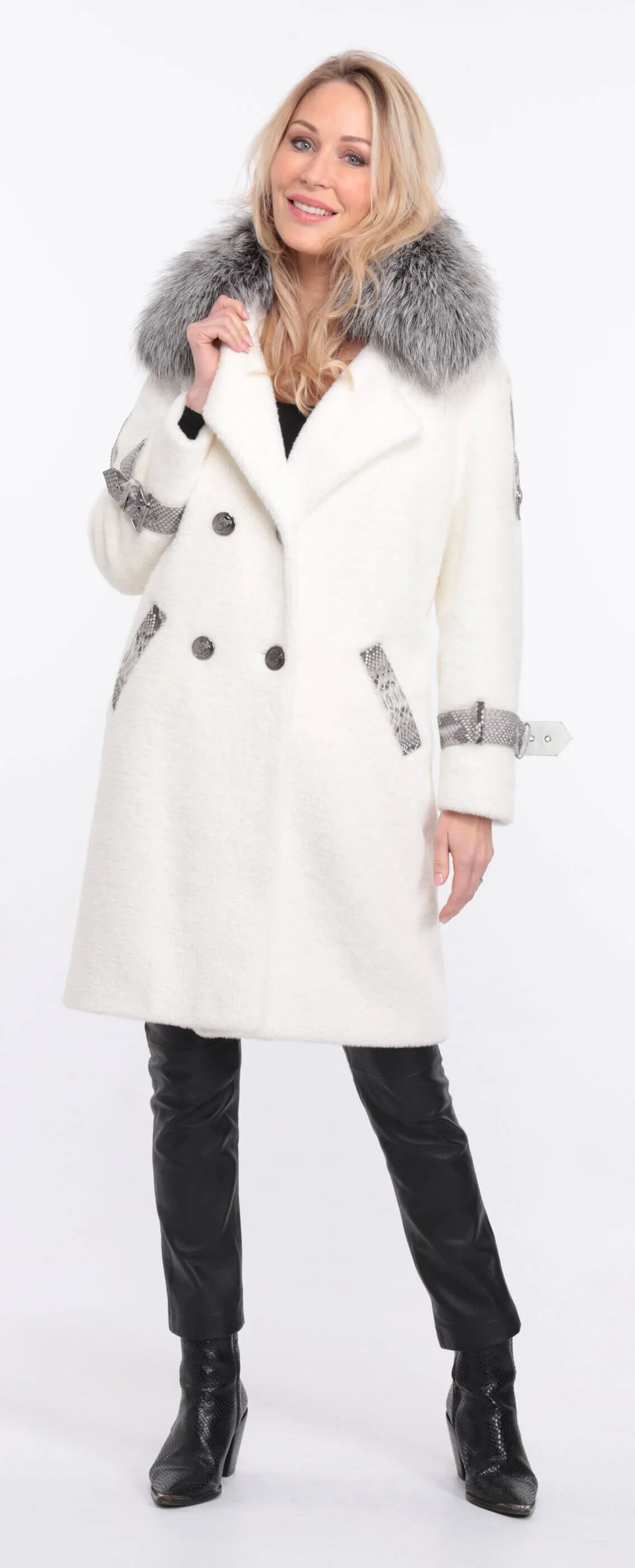 Alcantara coat with amber fox collar - Shop now.