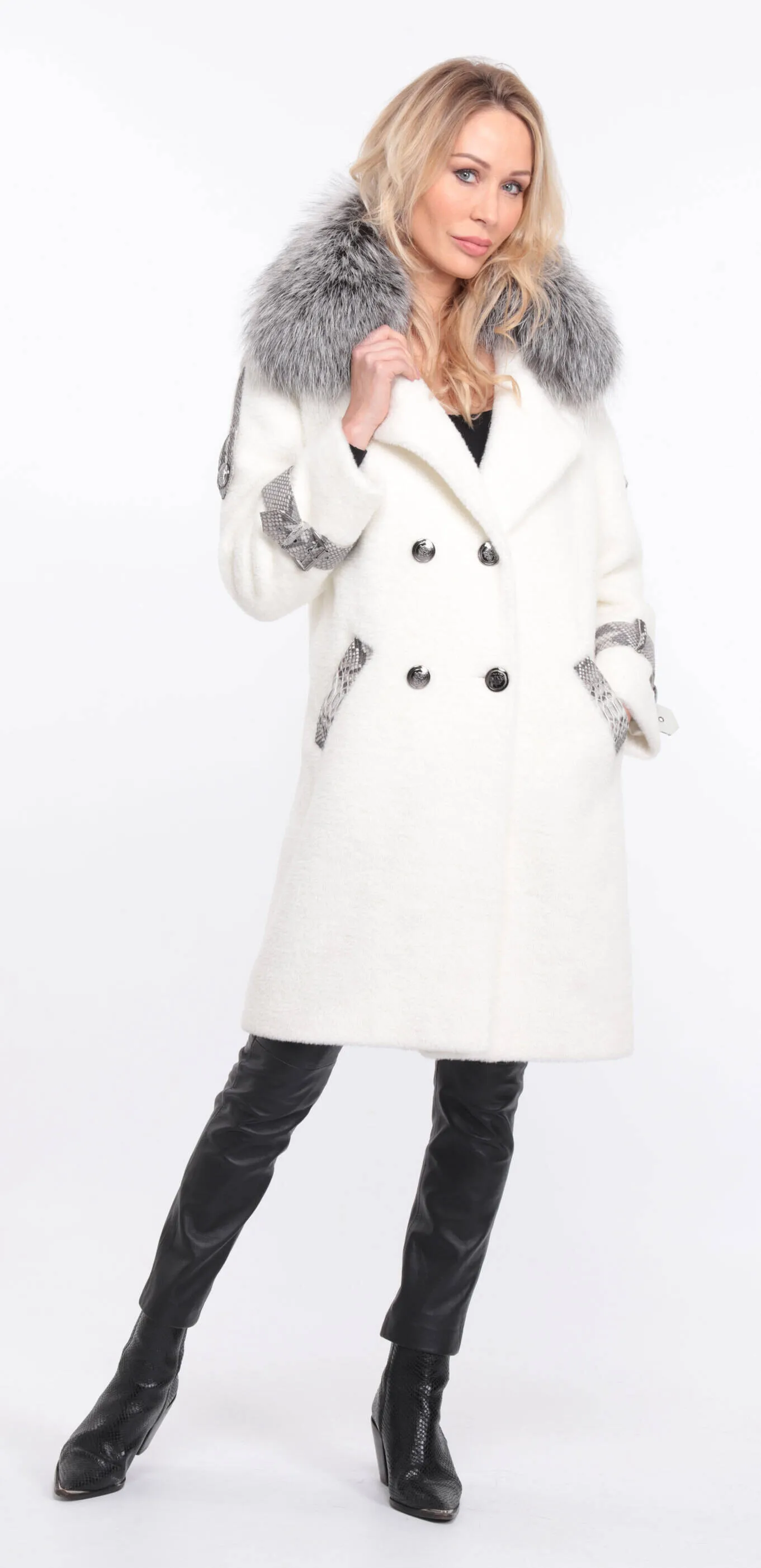 Alcantara coat with amber fox collar - Shop now.