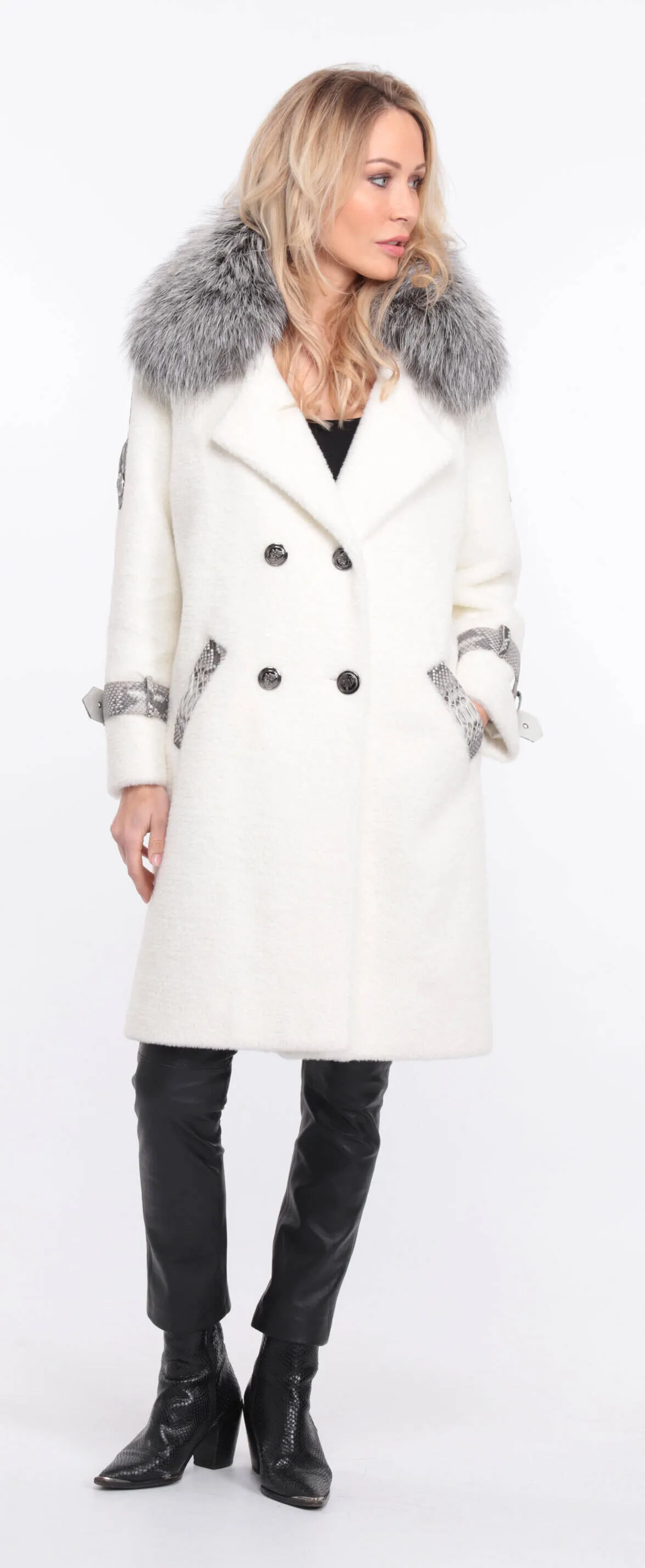 Alcantara coat with amber fox collar - Shop now.