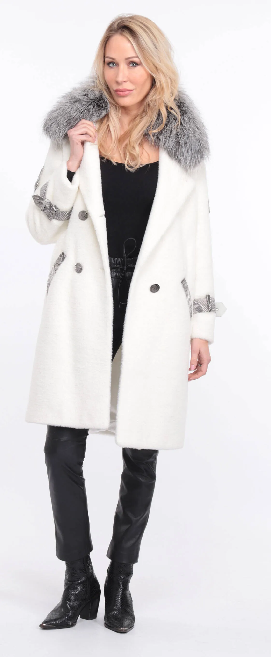 Alcantara coat with amber fox collar - Shop now.