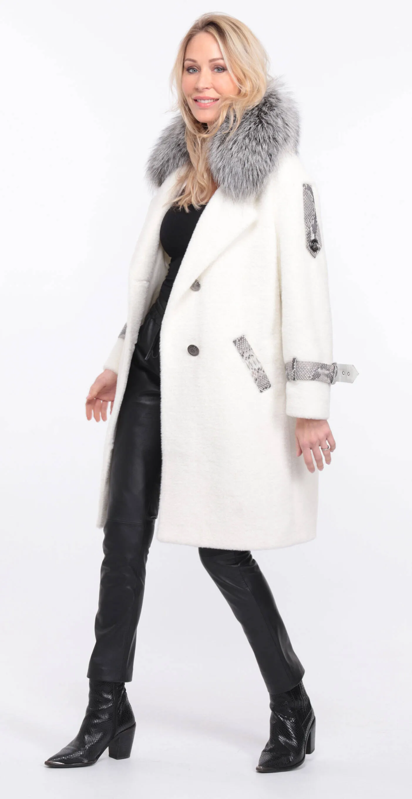 Alcantara coat with amber fox collar - Shop now.