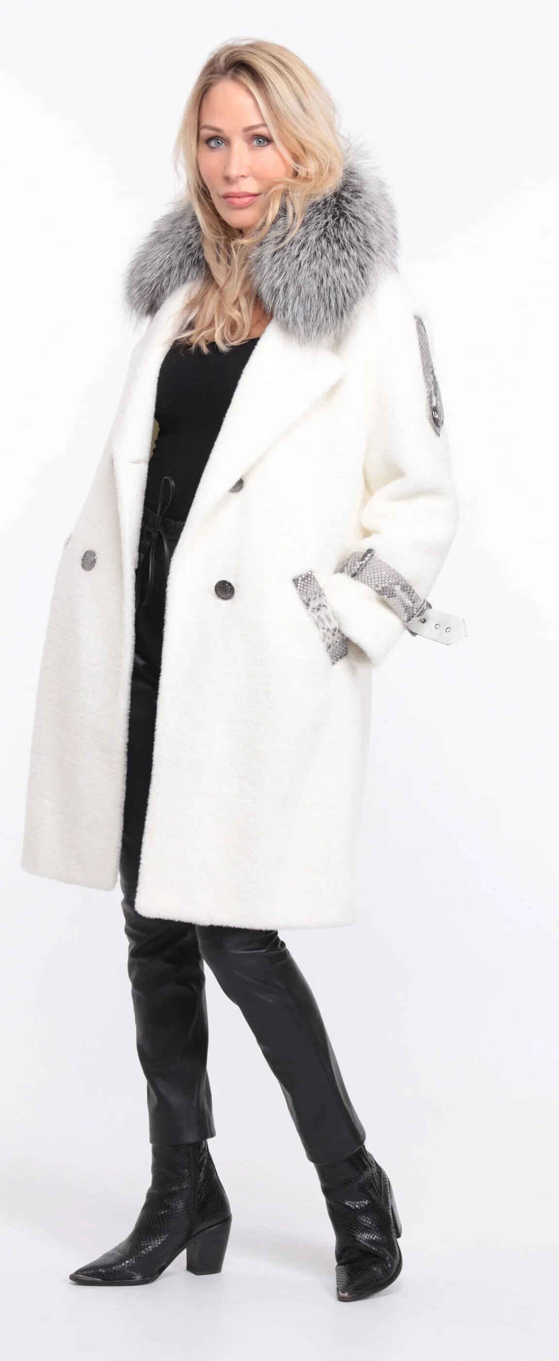 Alcantara coat with amber fox collar - Shop now.