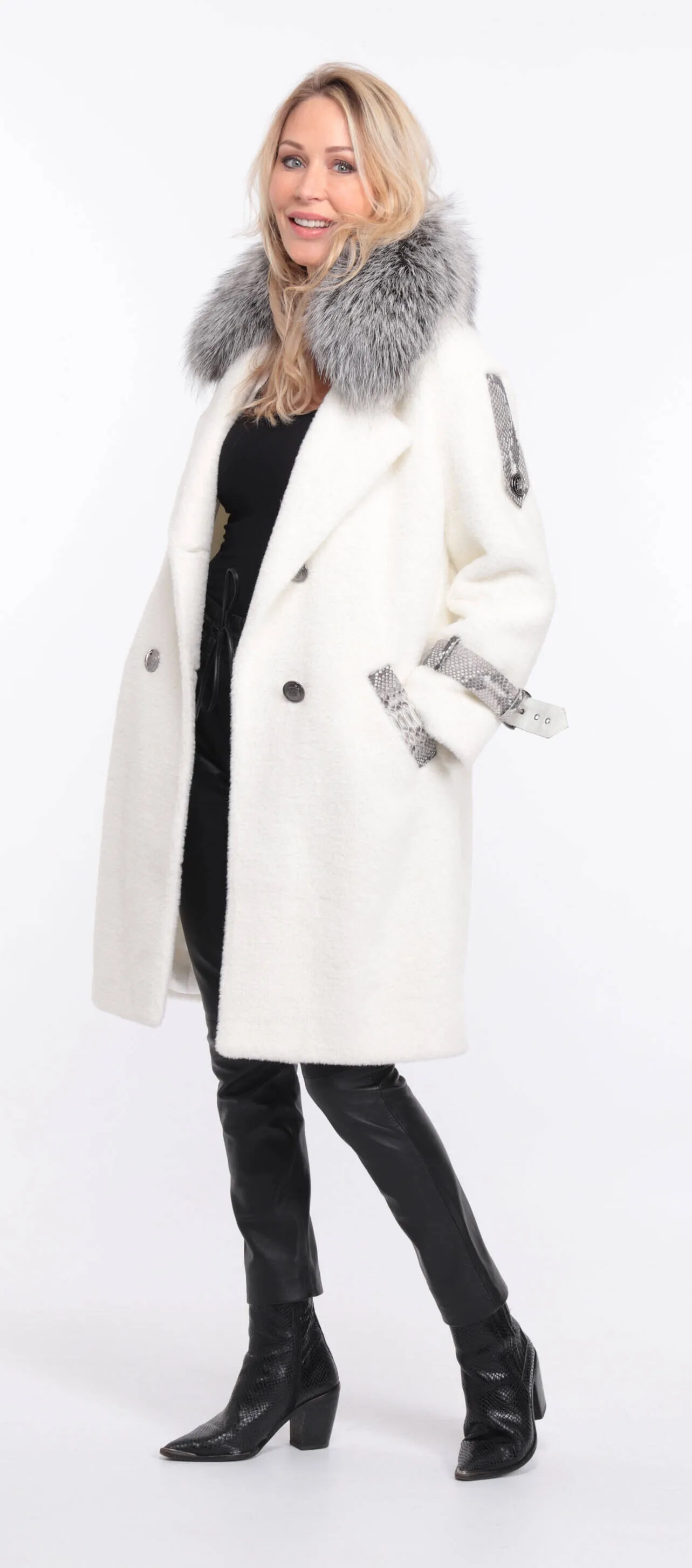 Alcantara coat with amber fox collar - Shop now.