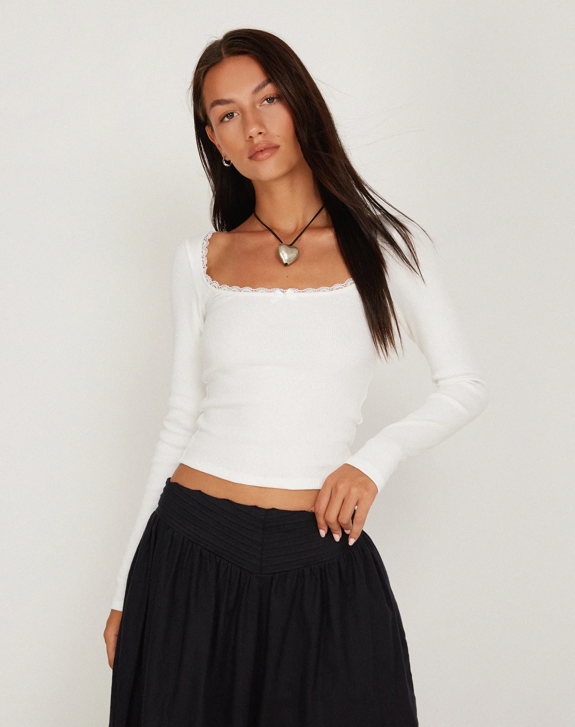 Bovillo Lace Trim Ribbed Off White Tee