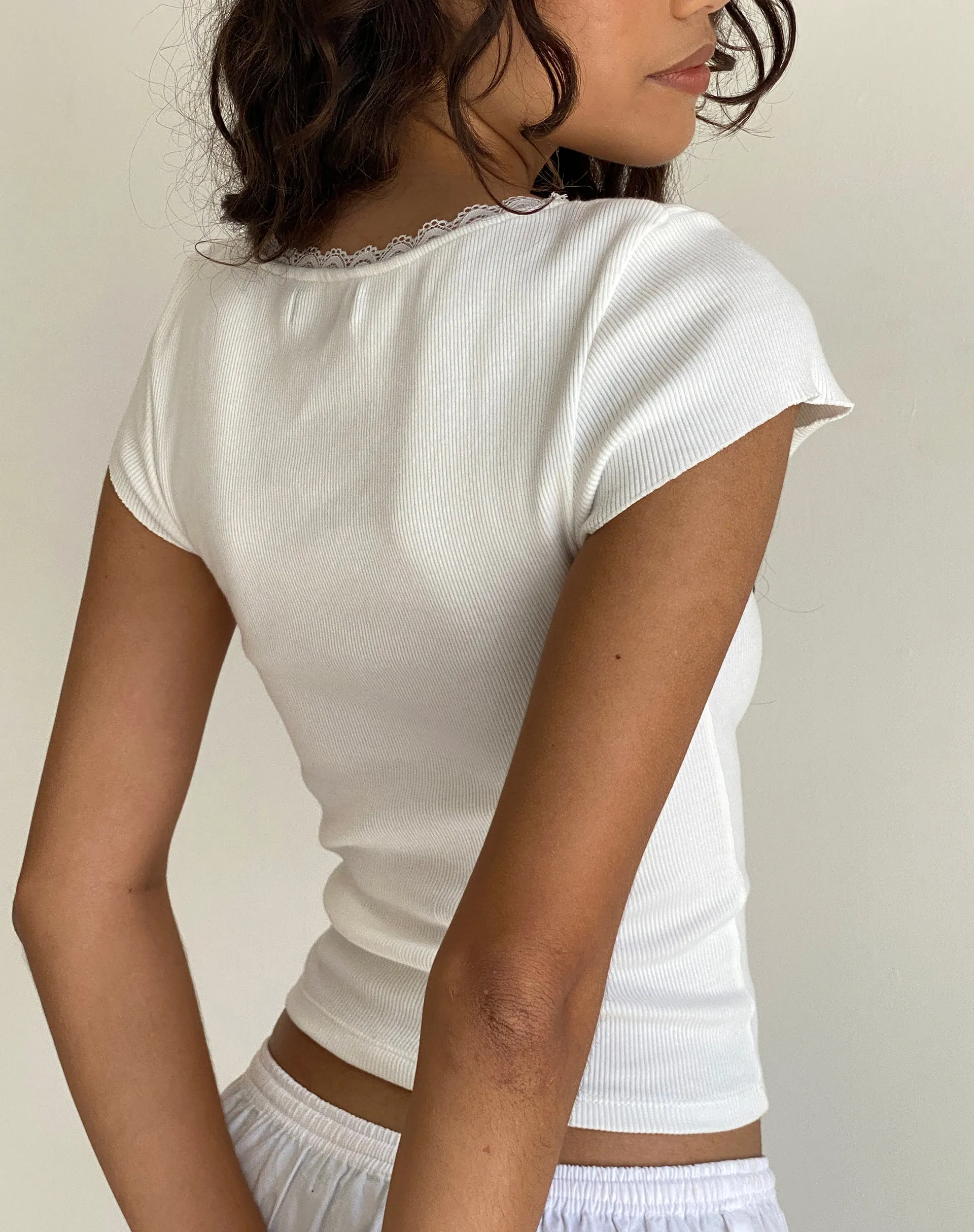 Bovillo Lace Trim Ribbed Off White Tee