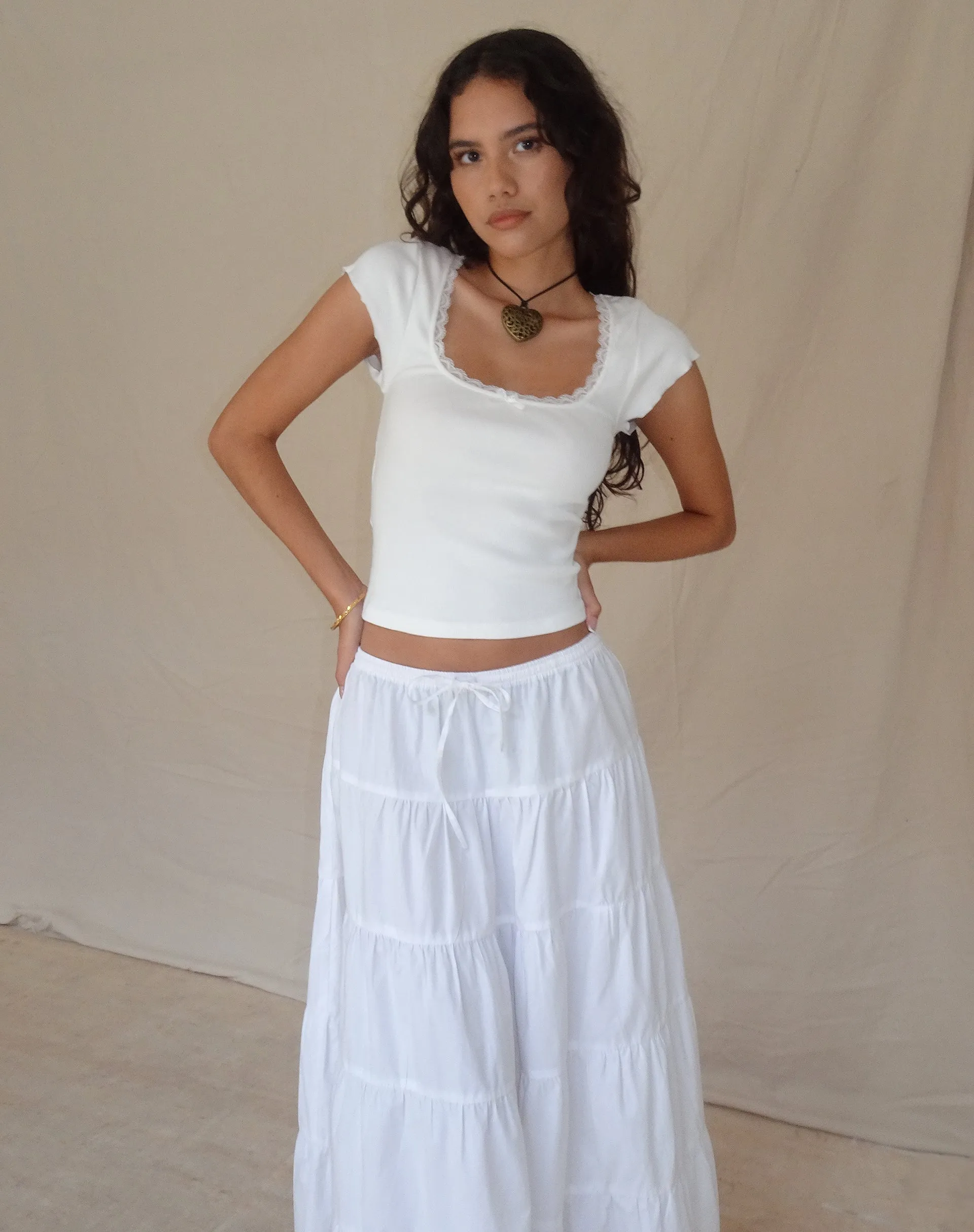 Bovillo Lace Trim Ribbed Off White Tee