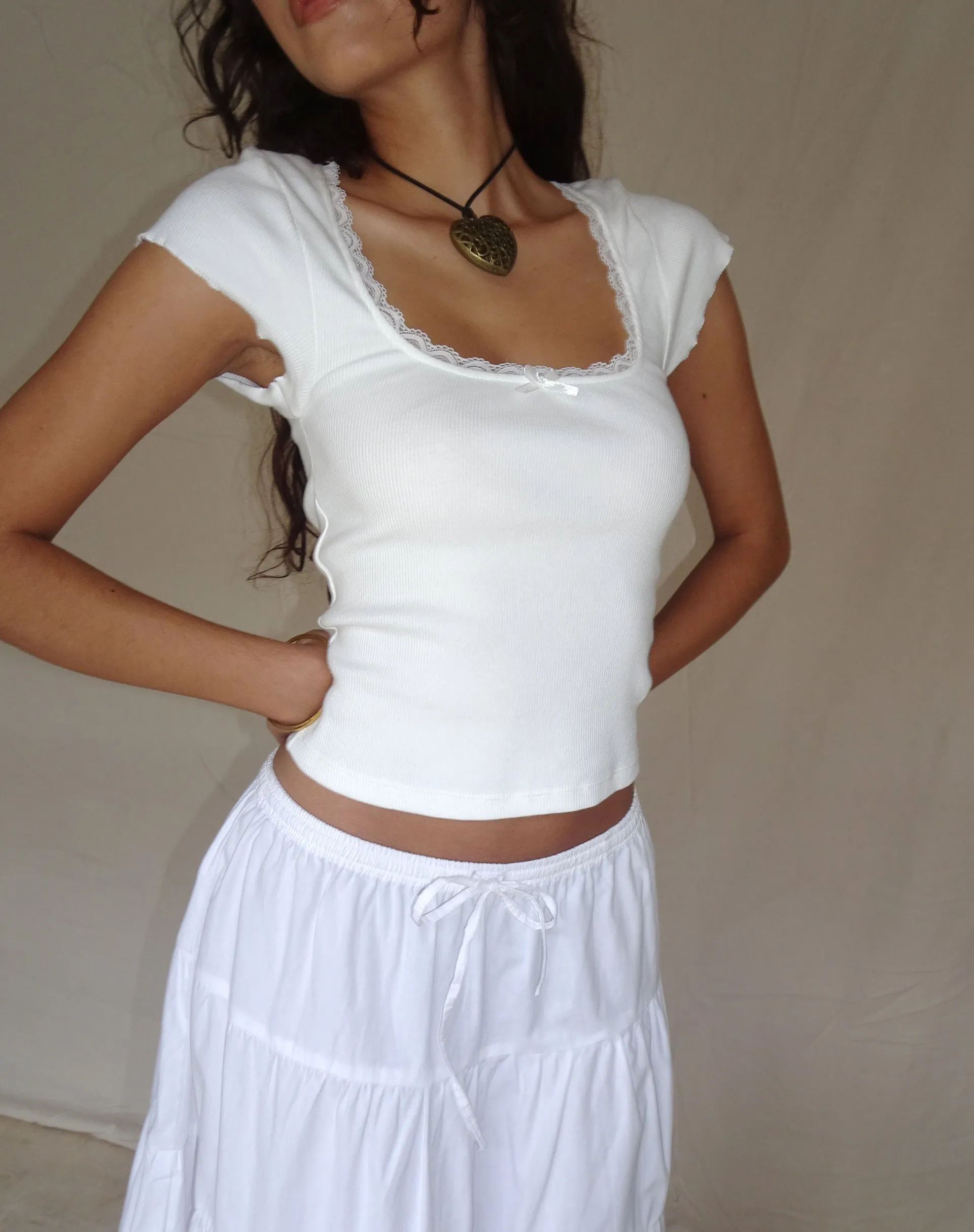 Bovillo Lace Trim Ribbed Off White Tee