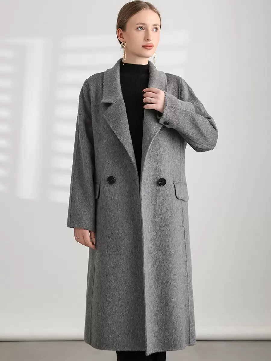 Brown Wool Coat with Turndown Collar, Long Sleeves, and Sash