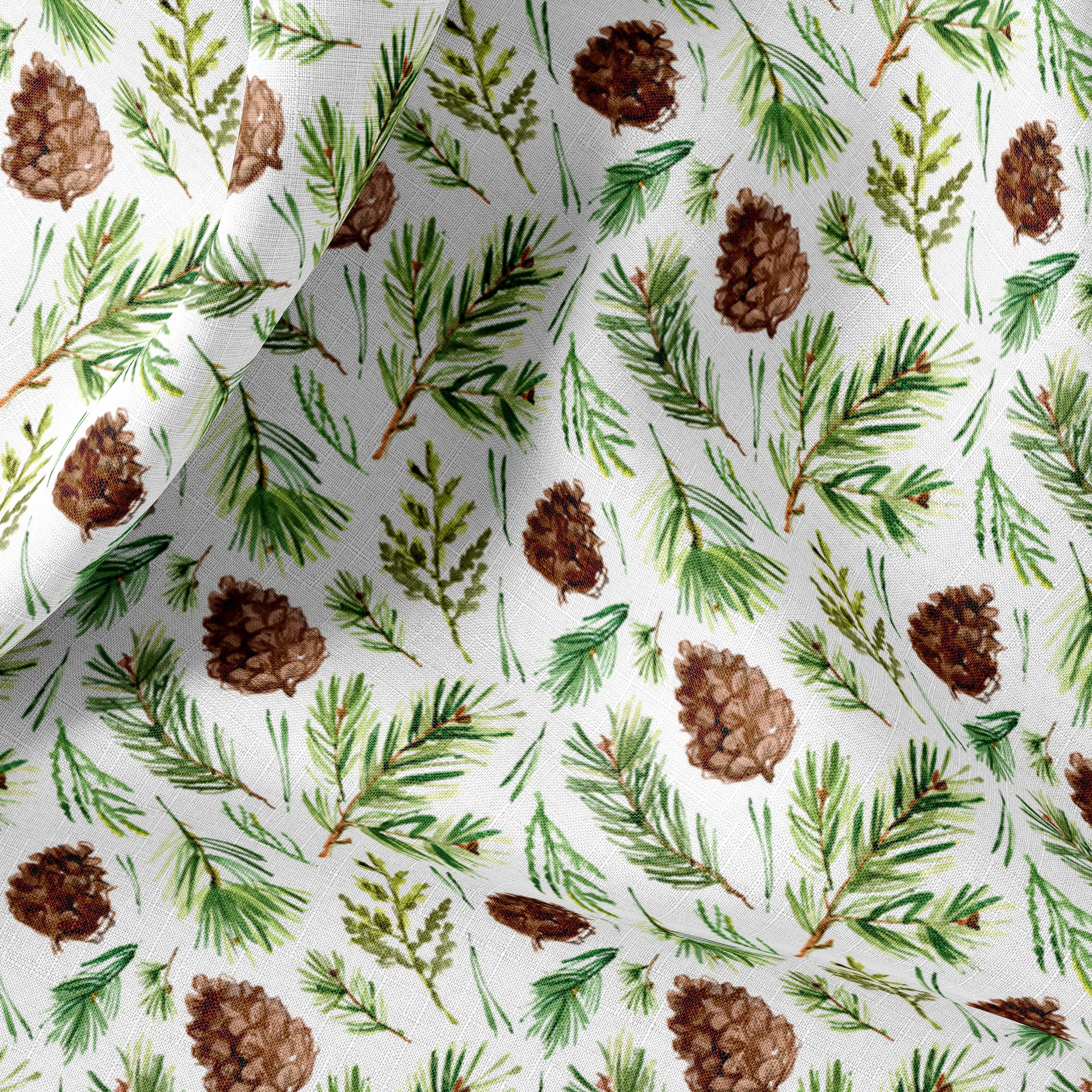 Vintage Pinecone Print Linen Fabric for Bedding, Curtains, Clothing & Upholstery by the Yard or Meter at Christmas.