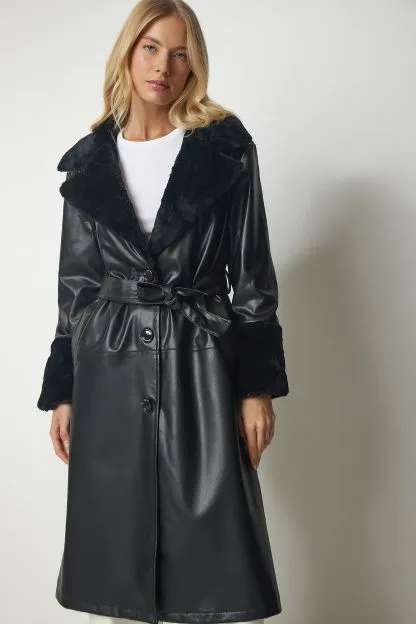 Collar Faux Leather Coat