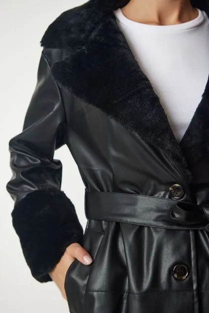 Collar Faux Leather Coat