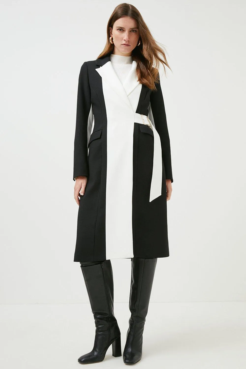 Compact Stretch Contrast Belted Coat | Karen Millen