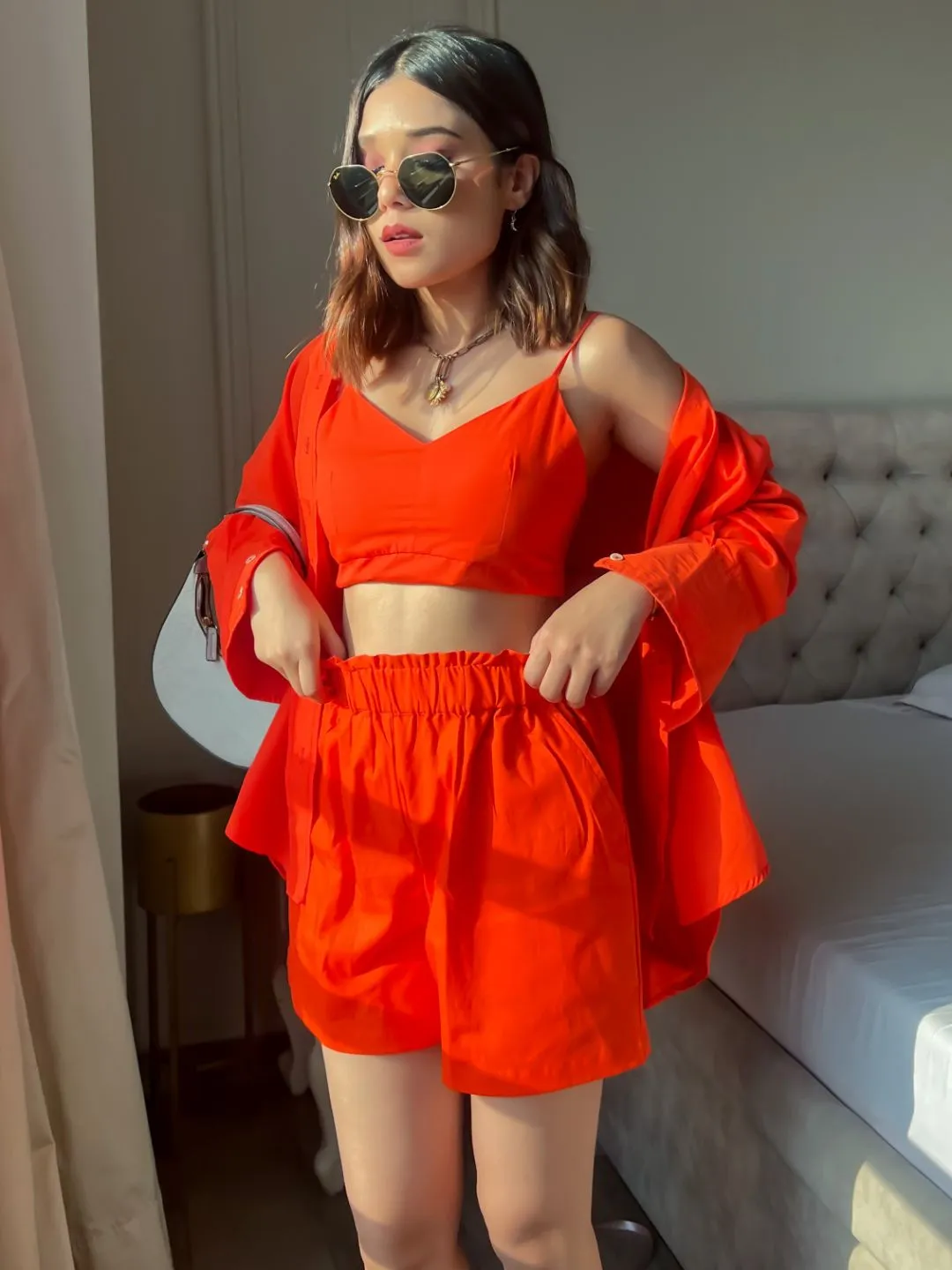 Cotton Three Piece Shorts Shirt and Crop Top Set