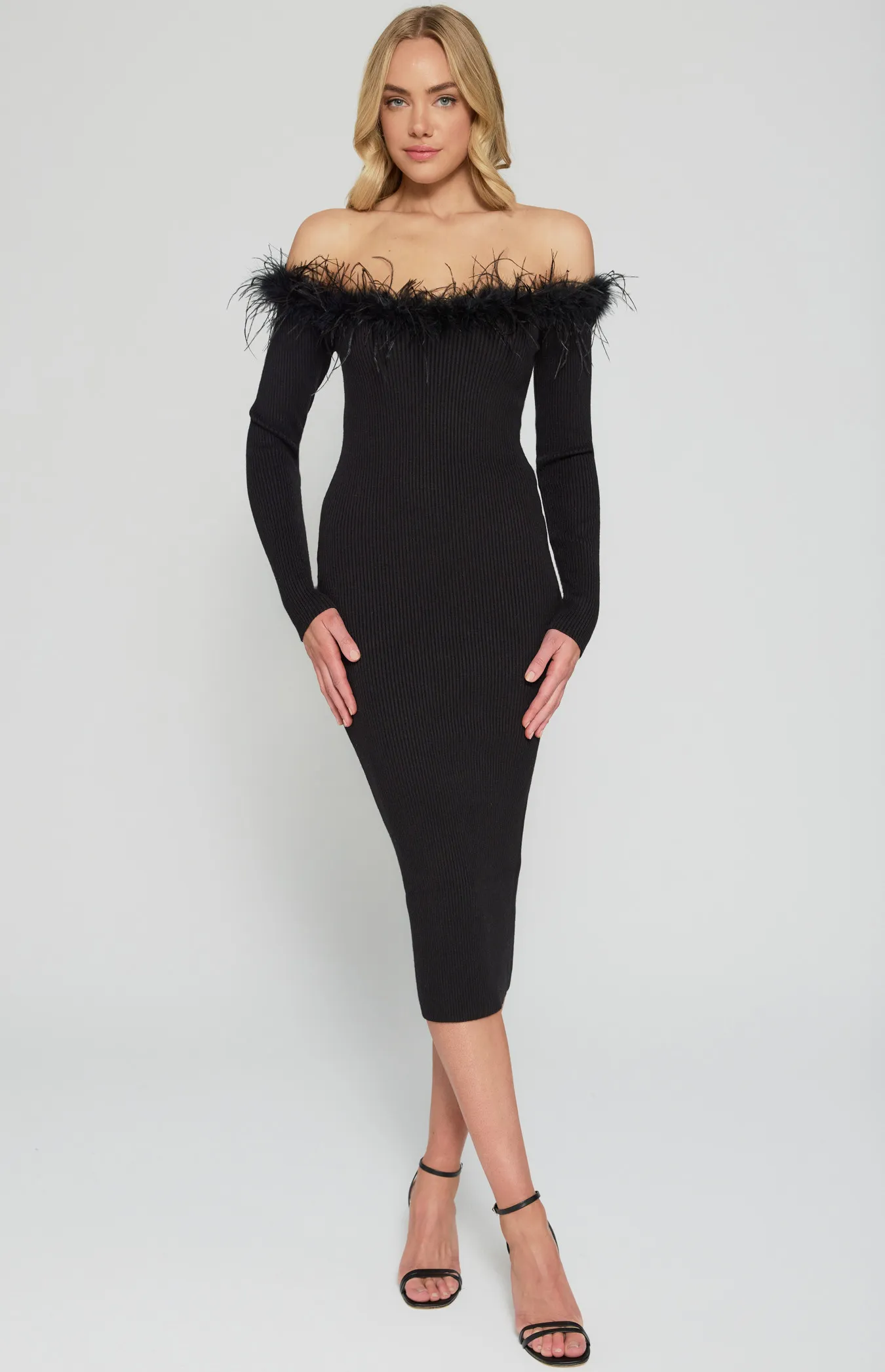 Feather Trim Neckline Knit Midi Dress