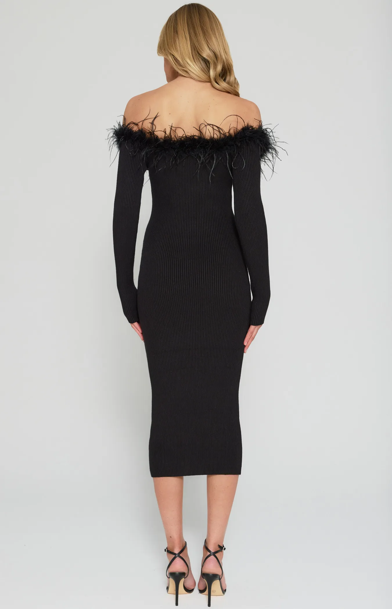 Feather Trim Neckline Knit Midi Dress