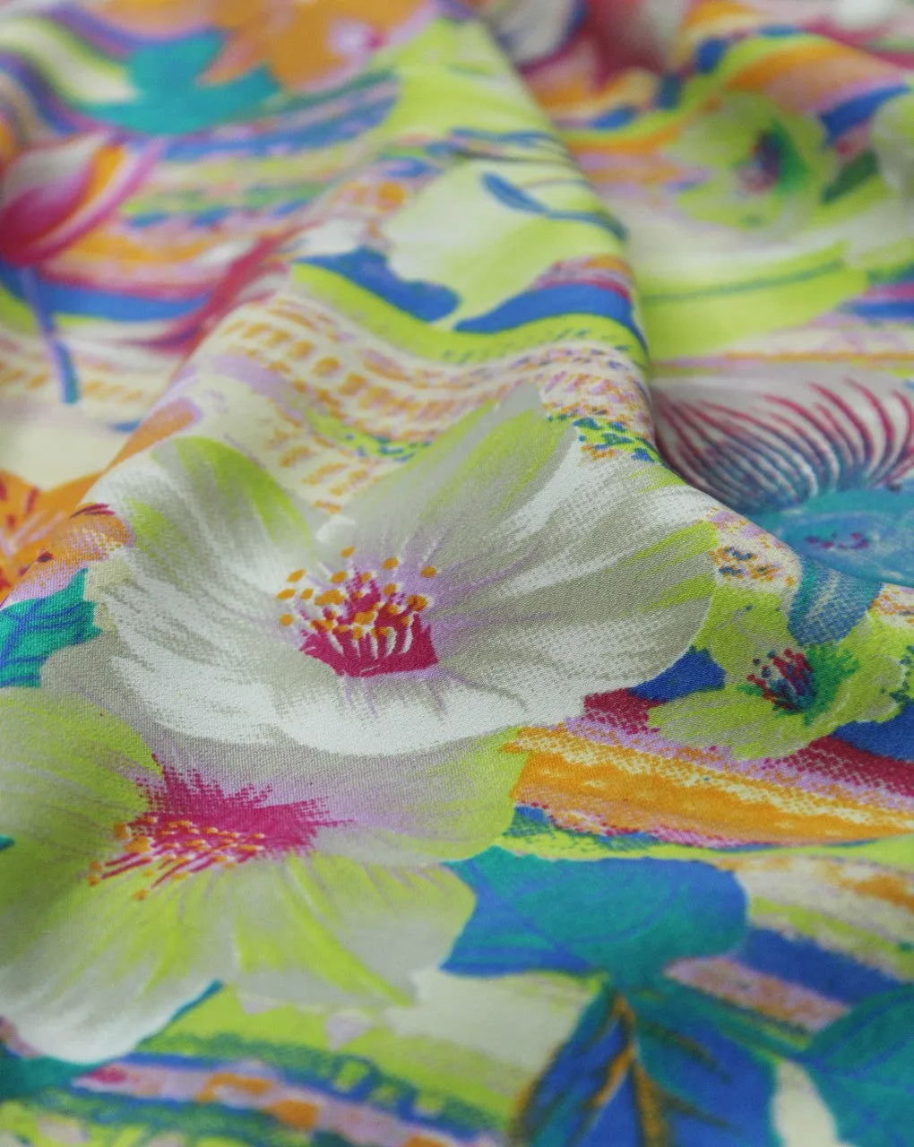 Floral Print Polyester Crepe Fabric in White and Multicolor