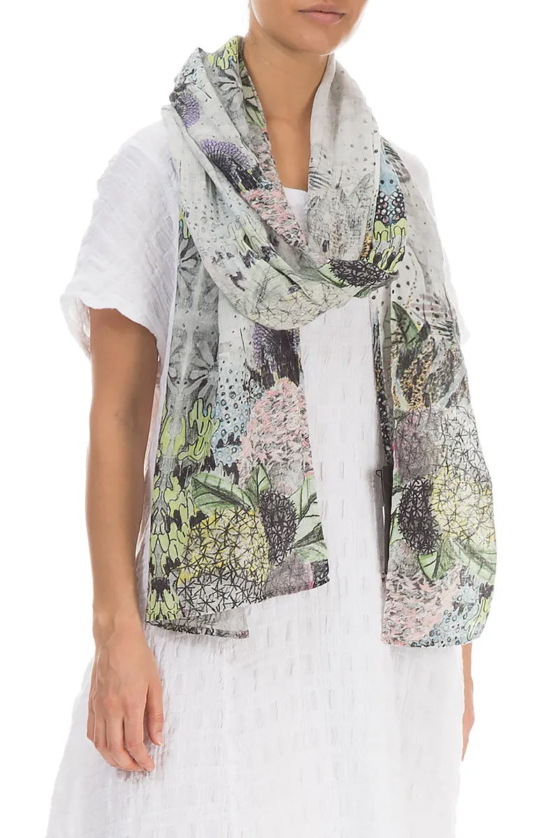 Soft Linen Scarf with Flowers Pattern