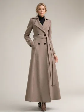 Solid Color Full Length Winter Coat with Wide Notched Lapel for Women – 2024