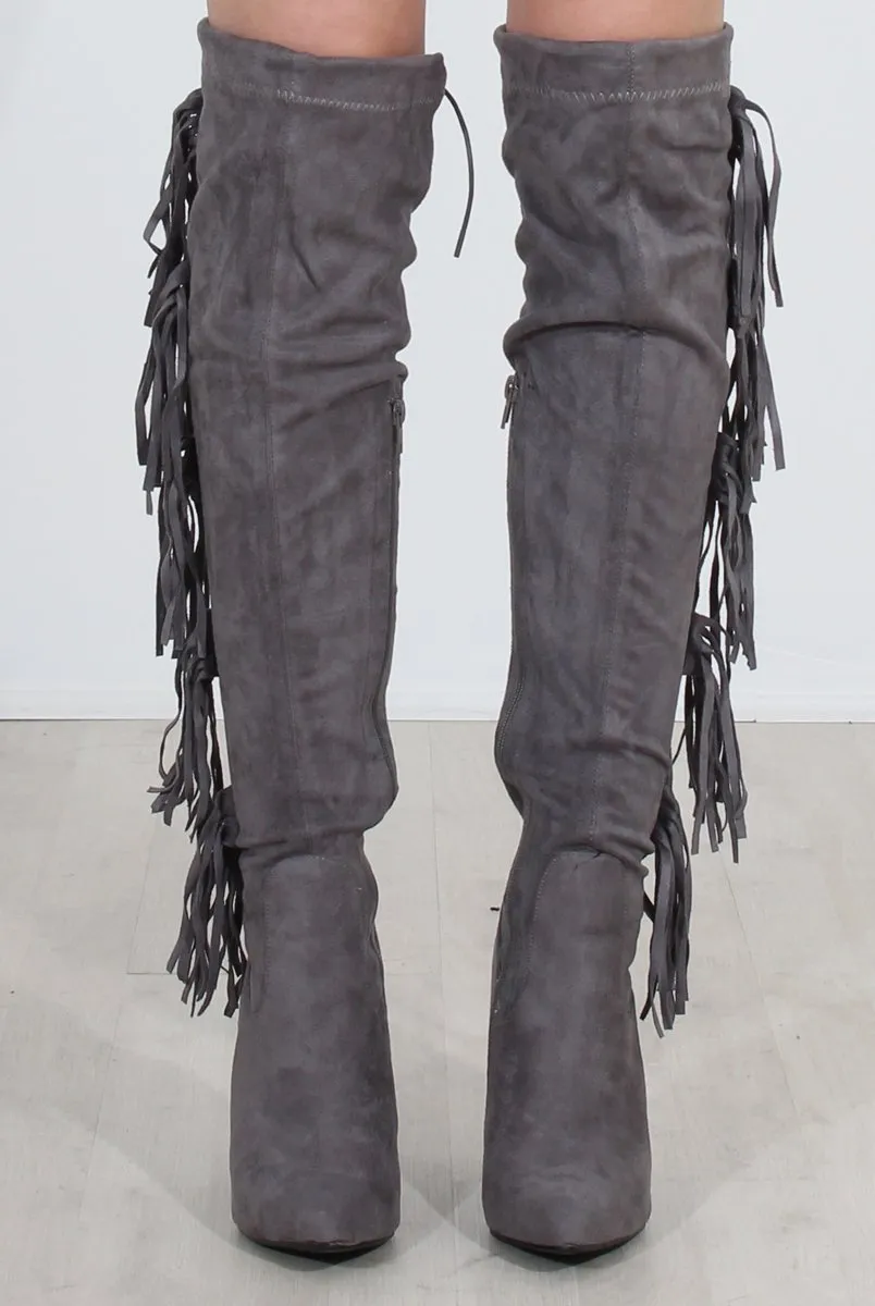 Grey Tassel Knee High Boots - Nula