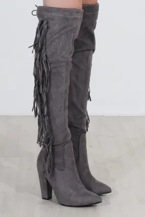 Grey Tassel Knee High Boots - Nula