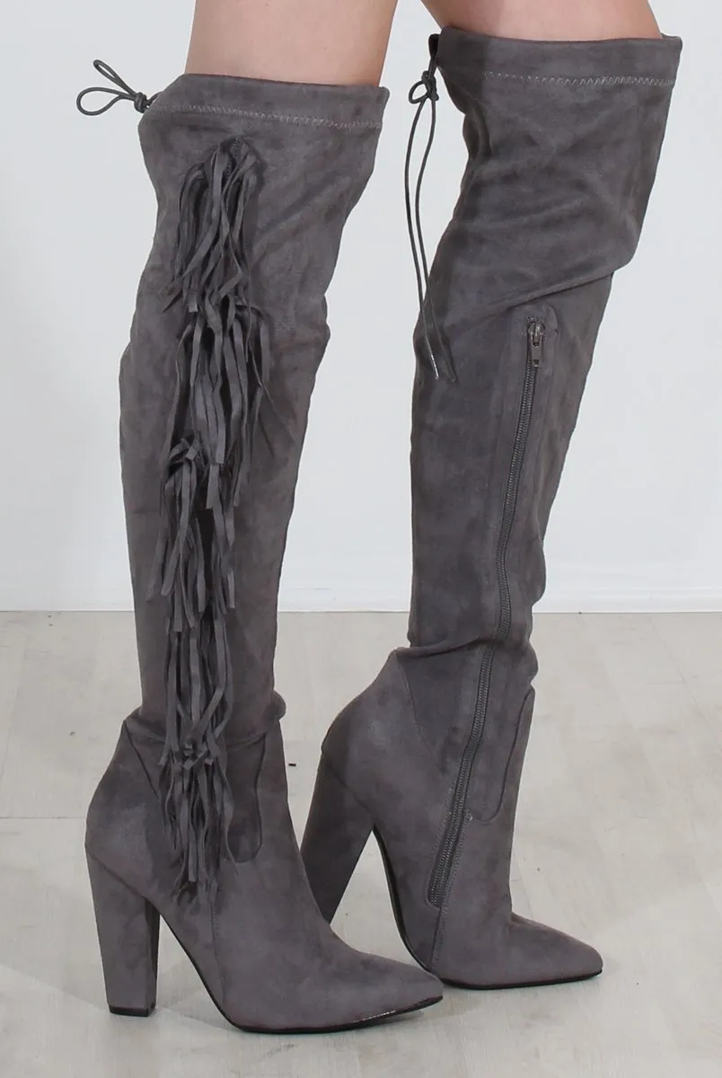 Grey Tassel Knee High Boots - Nula