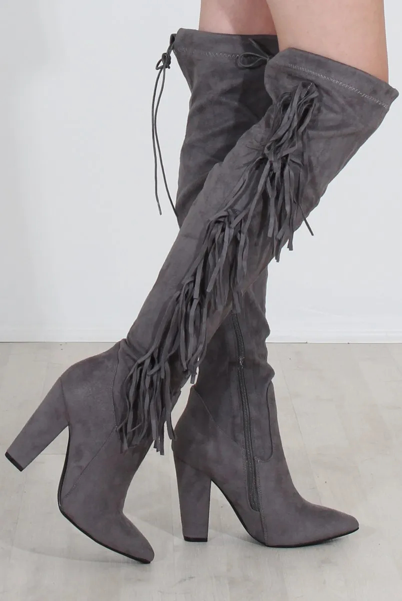 Grey Tassel Knee High Boots - Nula