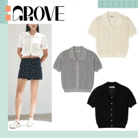 GROVE Street Style Plain Cotton Short Sleeves Logo Cardigans