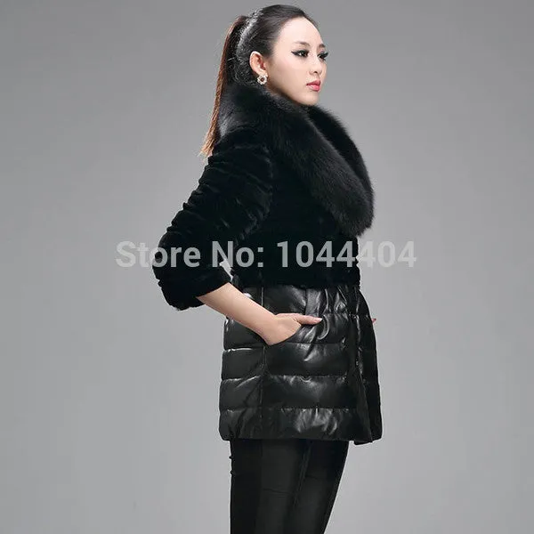 Luxury Women's Fox Faux Fur Leather Jacket - Long Sleeve Coat