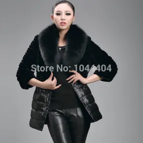 Luxury Women's Fox Faux Fur Leather Jacket - Long Sleeve Coat