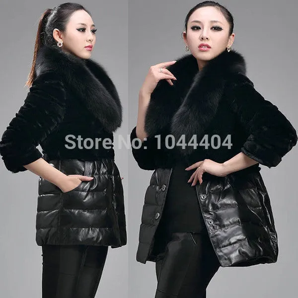 Luxury Women's Fox Faux Fur Leather Jacket - Long Sleeve Coat