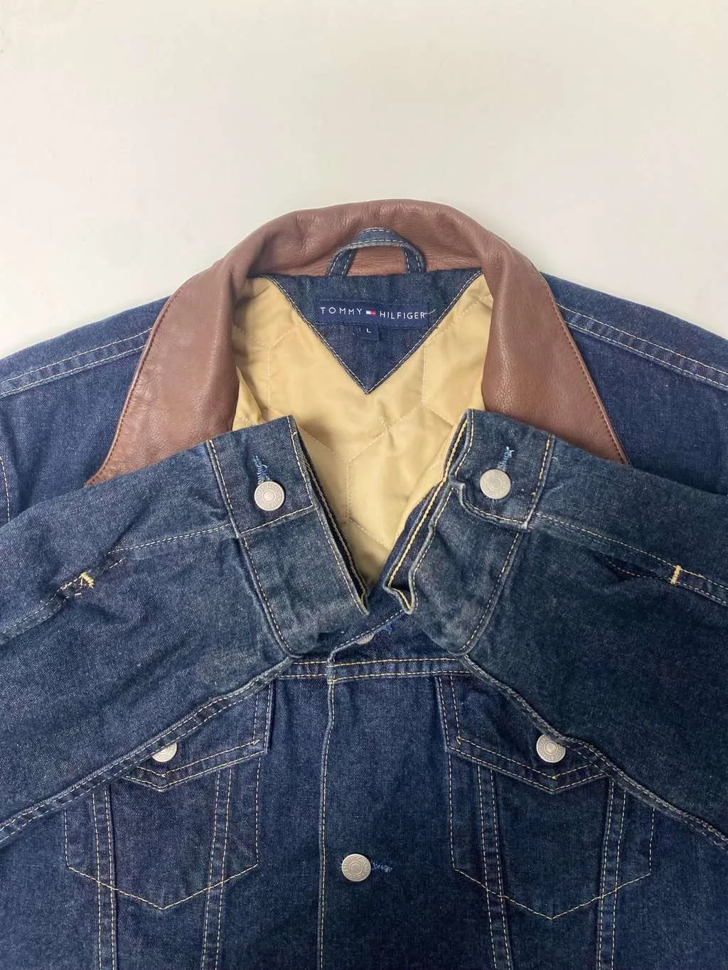 Medium Tommy Hilfiger Padded Denim Jacket with Leather Collar for Men