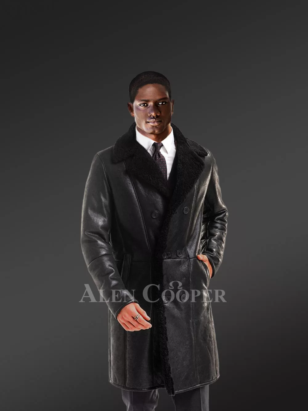 Stylish Black Men's Shearling Overcoat