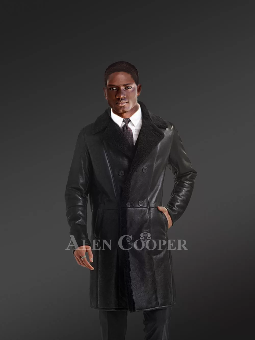 Stylish Black Men's Shearling Overcoat