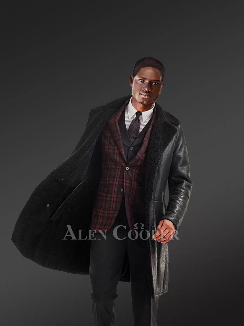 Stylish Black Men's Shearling Overcoat