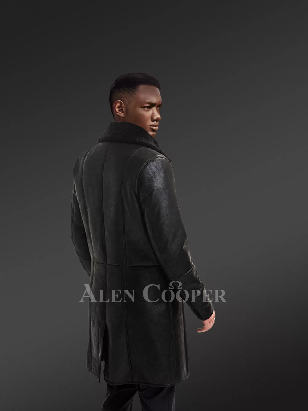 Stylish Black Men's Shearling Overcoat