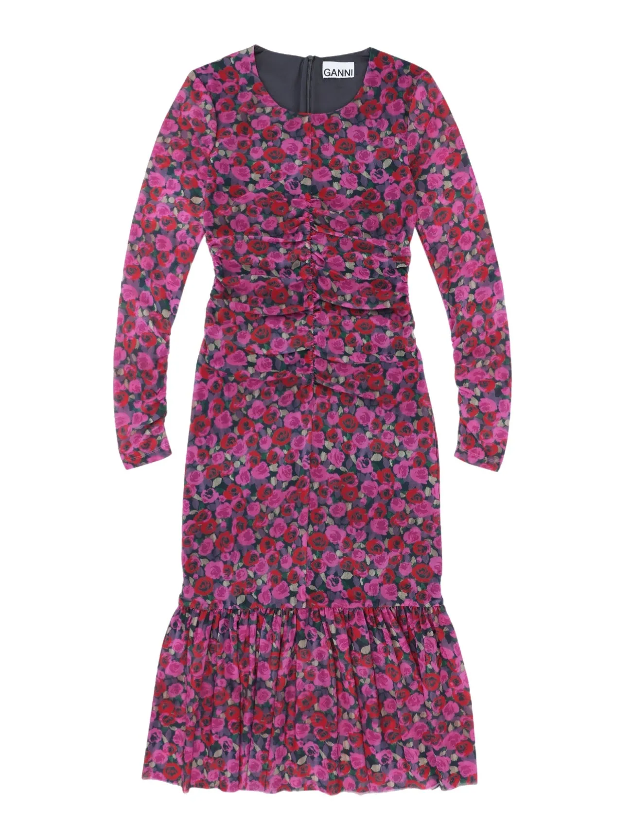 Mesh Long Sleeve Printed Gathered Midi Dress Offering Style and Quality in T3848