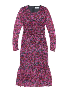 Mesh Long Sleeve Printed Gathered Midi Dress Offering Style and Quality in T3848