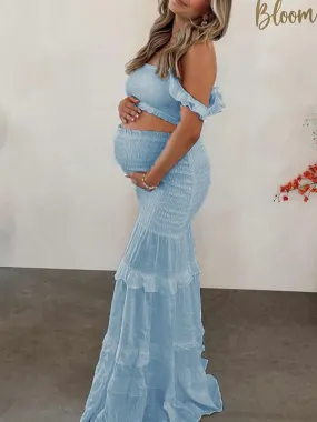 Blue Ruffle Baby Shower Maternity Maxi Dress