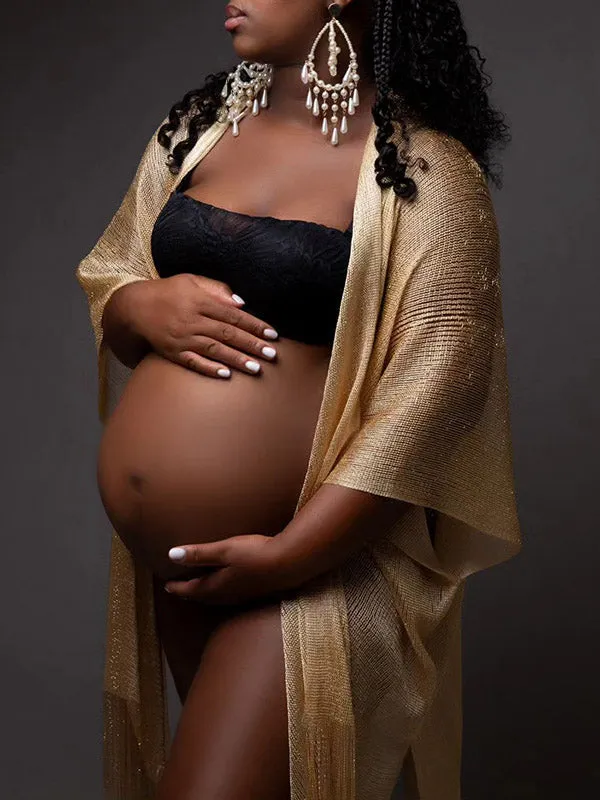 Elegant Maternity Photoshoot Midi Dress with Golden Tassel, Bright Wire, and Flowy Cover-Ups - Momnfancy