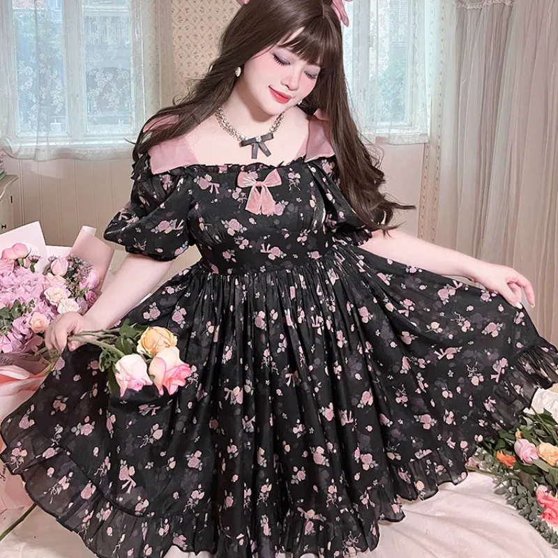 Pink Rose Print Casual Lolita Dress - Princess Style