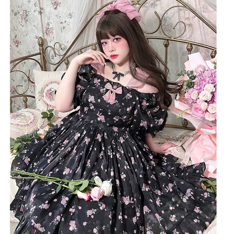 Pink Rose Print Casual Lolita Dress - Princess Style