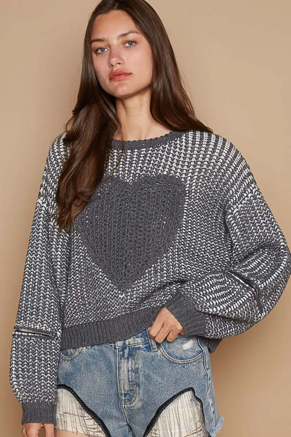 POL Heart Patch Zipper Sweater with Pointed Sleeves