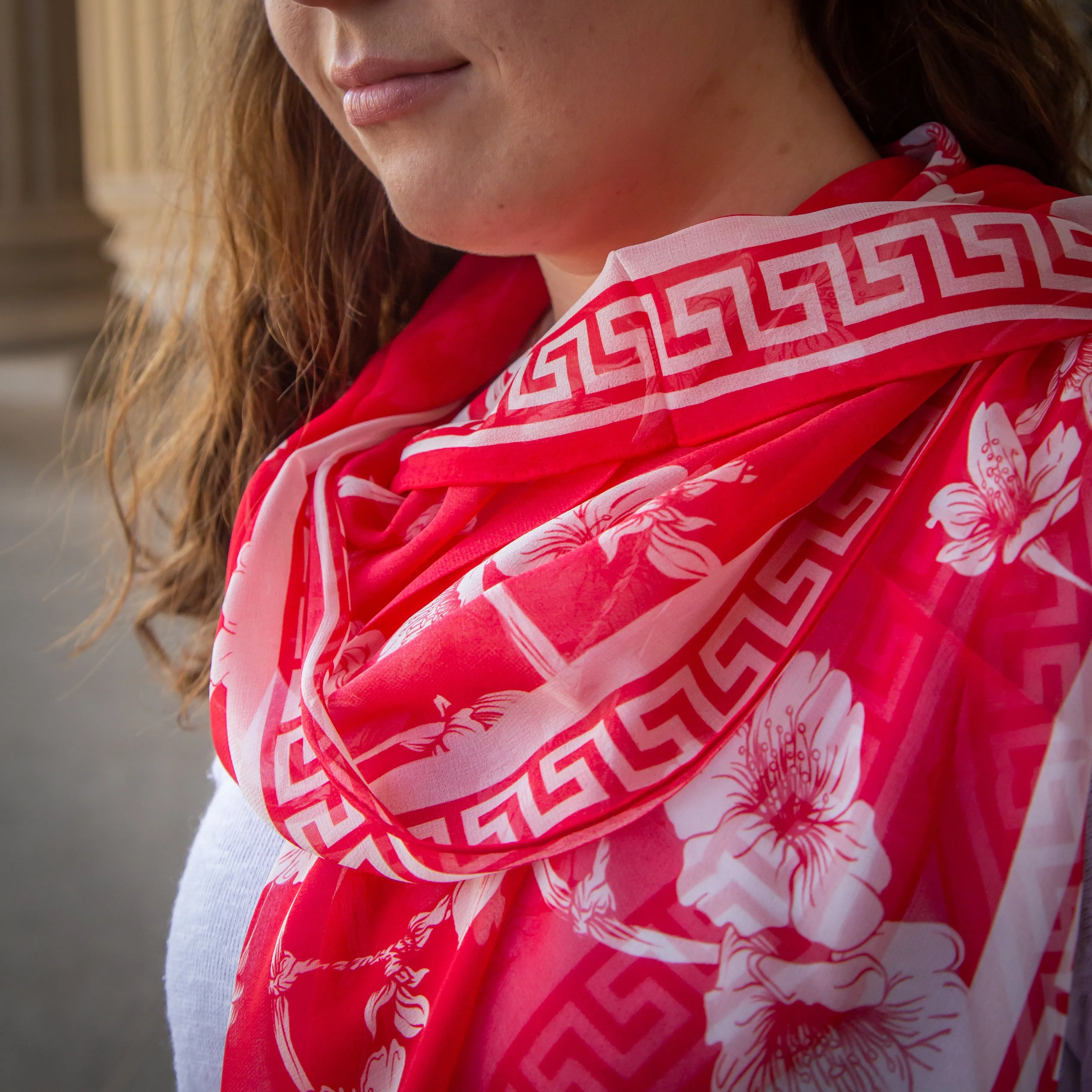 Red Floral Chiffon Silk Scarf