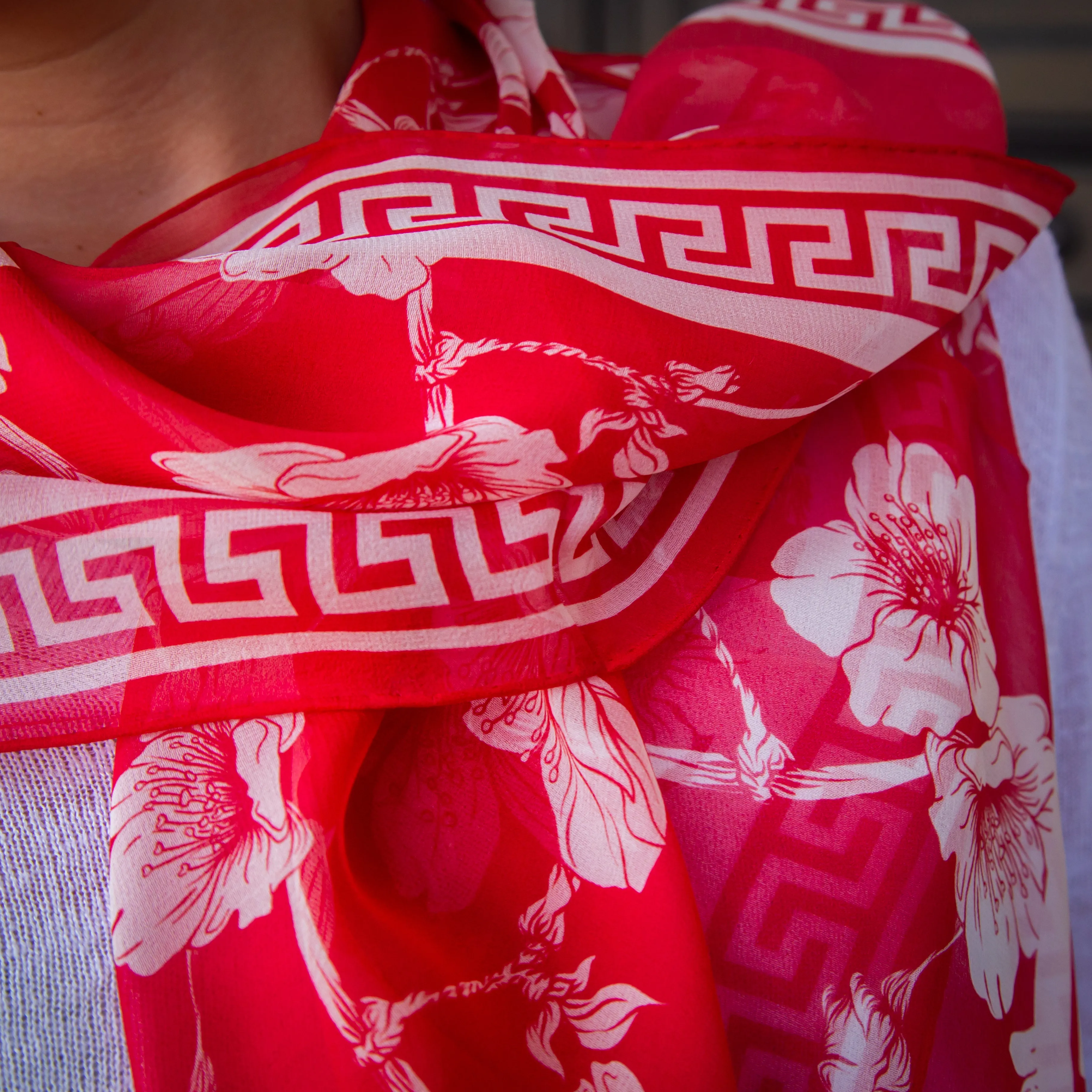 Red Floral Chiffon Silk Scarf